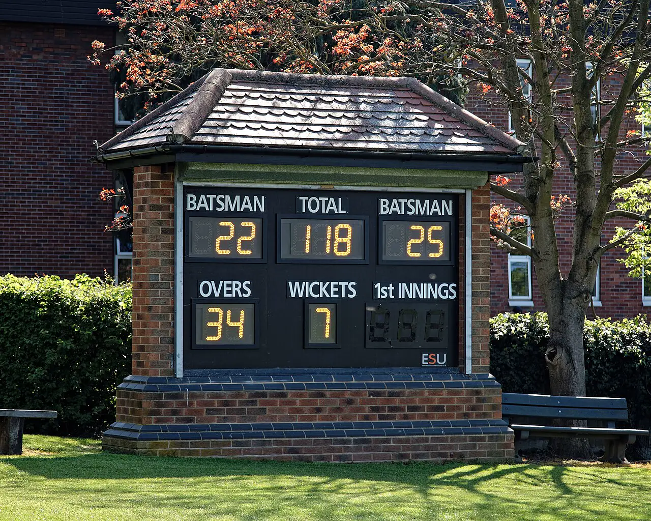 Cricket scoreboard and ground under evening light